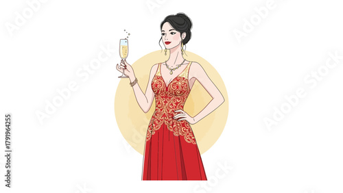 Elegant Toast: A poised woman, radiant in a stunning red dress, raises a glass of champagne, exuding sophistication and grace.