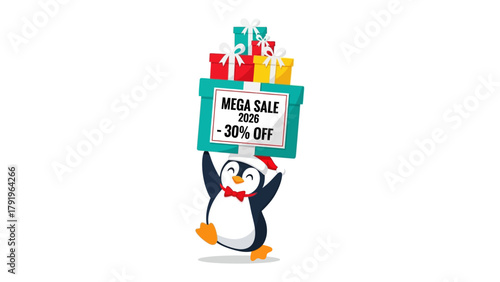 Festive Penguin's Mega Sale: A charming penguin, adorned with a Santa hat and a cheerful bow tie, jubilantly promotes a Mega Sale with gift-boxes.