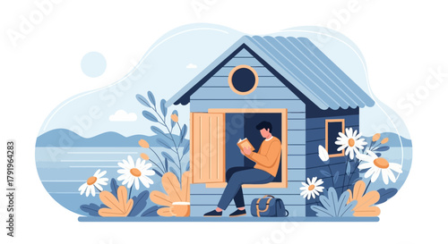 Solitude and Serenity: A man reading a book in a rustic cabin by the sea