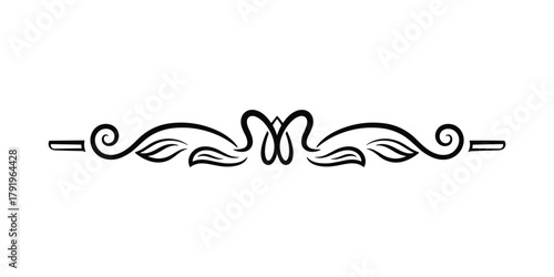 Black line art divider with leaves and scrolls. Simple decorative design element for page.