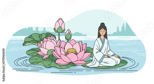Serene meditation scene with a woman in traditional garb amidst lotus blossoms