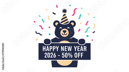 New Year's Bear Celebration: Adorable bear adorned with a party hat and celebratory confetti, announcing a special Happy New Year with an enticing discount offer for the upcoming year.