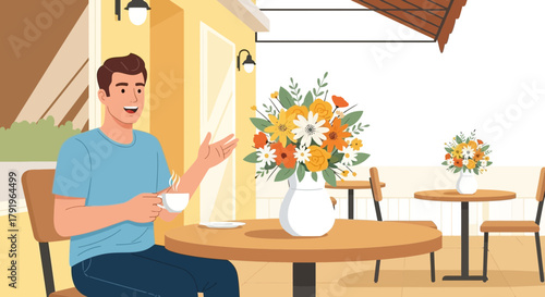 Man enjoying coffee amidst floral arrangement at a peaceful outdoor café setting