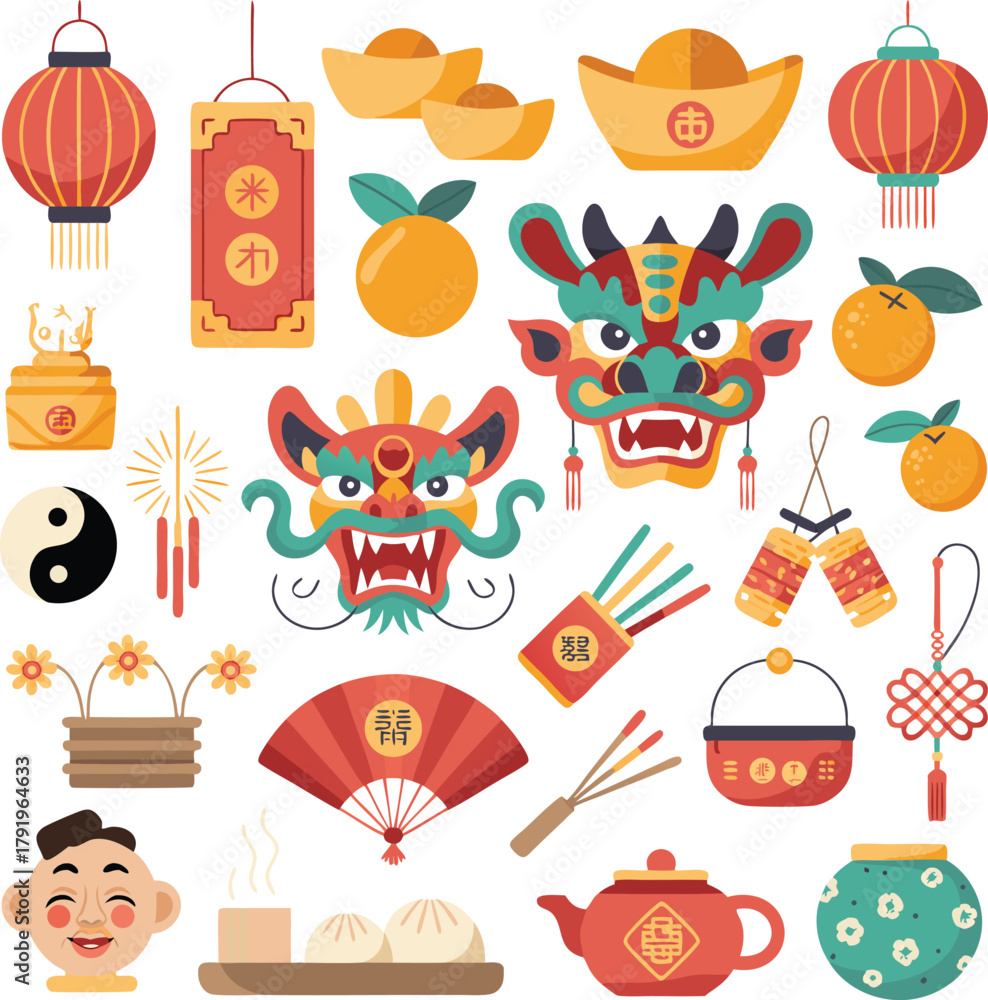 Naklejka premium Chinese New Year Icons Red Dragon Oranges Lanterns Gold Ingots