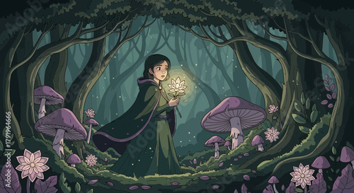 Enchanting forest scene with a woman holding a luminous flower, filled with mushrooms