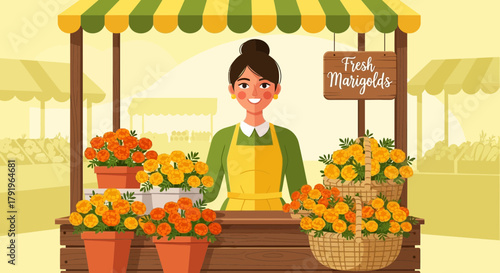Vibrant Flower Market Scene Featuring a Cheerful Vendor Selling Fresh Marigolds