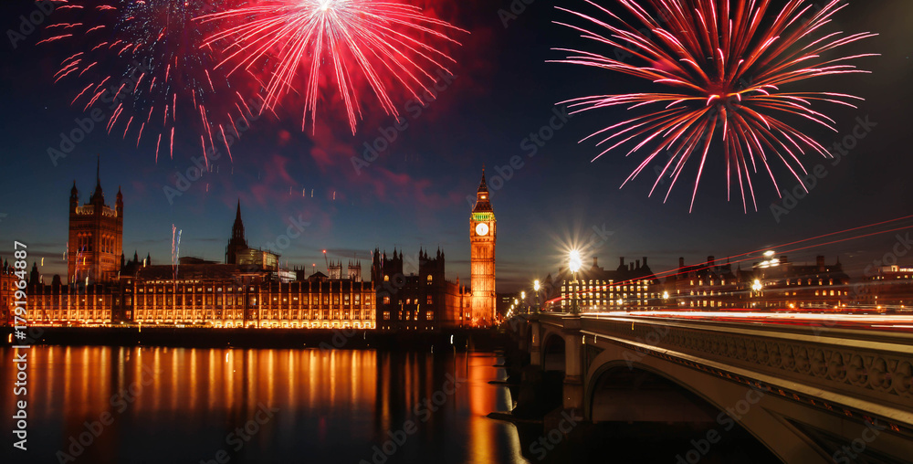 custom made wallpaper toronto digitalExplosive fireworks display fills the sky around Big Ben. New Year's Eve celebration background