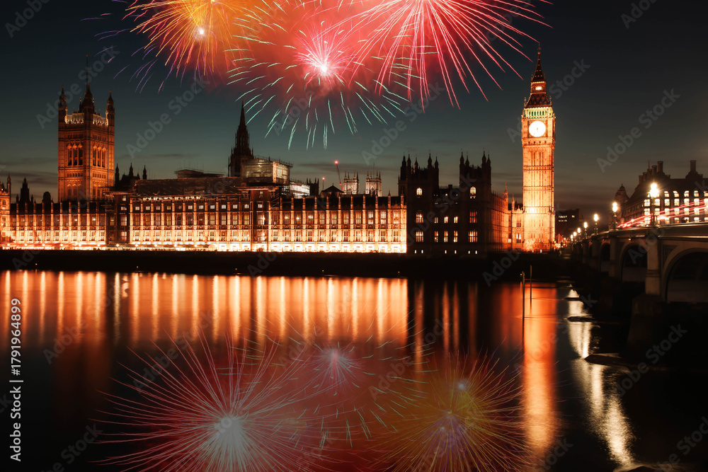 Naklejka premium Explosive fireworks display fills the sky around Big Ben. New Year's Eve celebration background