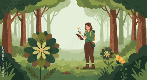 Illustrative botanical exploration in a whimsical forest landscape scene