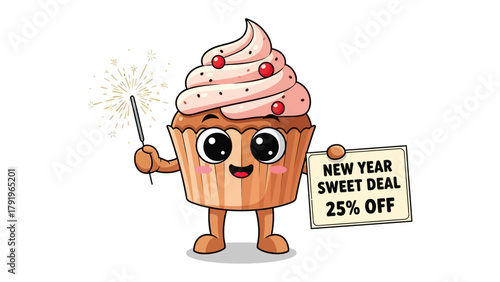 Cupcake of Sweet Deal: Festive cupcake holding sign and sparkler, celebrating New Year's offers a Sweet Deal. Perfect for dessert or holiday promotions.