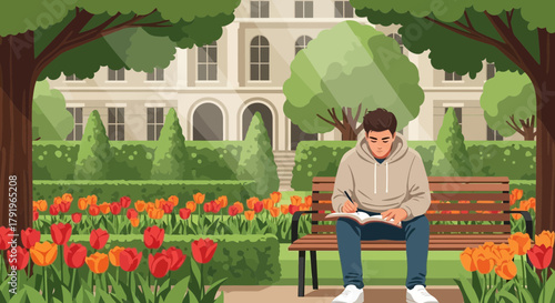 Student immerses himself in study amidst the tranquil beauty of the campus grounds