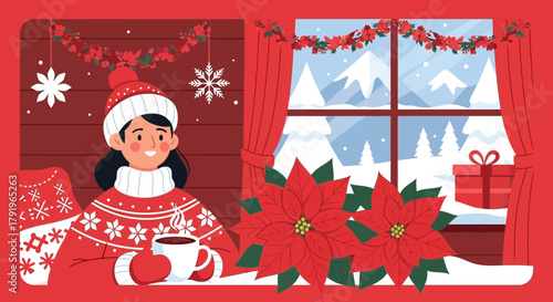Cozy winter scene of a woman enjoying a warm drink indoors during the holidays