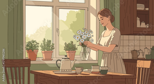 Charming domestic scene featuring a woman arranging flowers in a sunlit kitchen