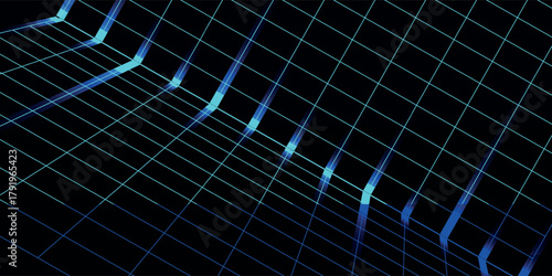 Abstract futuristic background with a glowing blue digital grid representing data flow or a virtual landscape on a black background.