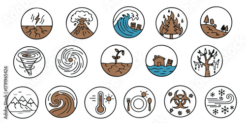 A collection of circular line art icons illustrating various natural disasters and environmental phenomena such as earthquakes, volcanoes, and floods.