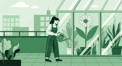 Serene rooftop garden scene: A woman tending plants with a city backdrop