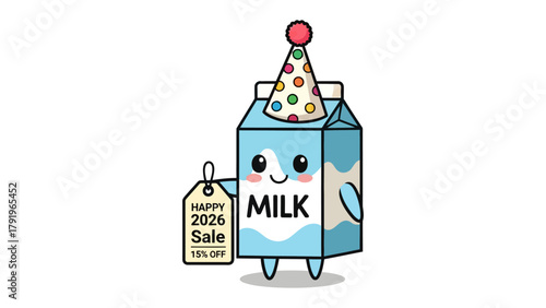 Cheerful Milk Carton's Festive Celebration: A jovial milk carton, decked out in a party hat and holding a sale tag for the year 2026, radiates fun and excitement.