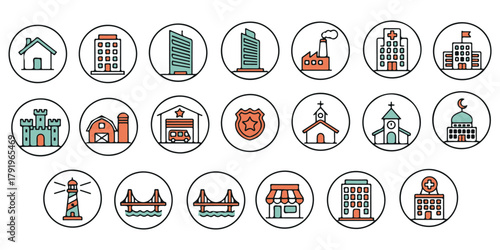 A diverse collection of colorful line art icons representing various city and town buildings and structures.