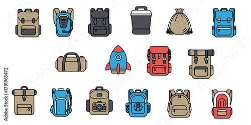 A diverse collection of colorful vector icons featuring various backpacks, bags, and containers for travel and storage.