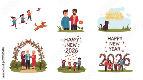 Happy New Year Illustrations: A compilation of heartwarming scenes, showcasing the joy and togetherness of people, animals, and flowers celebrating the New Year, and the upcoming year of 2026. 