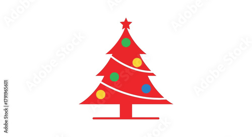 Stylized red christmas tree decorated with colorful ornaments and a star topper on white background