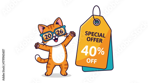 Purrfect Deal: A lively cartoon cat wearing glasses flaunts a special offer tag, advertising a generous 40% discount, embodying the spirit of shopping and savings.