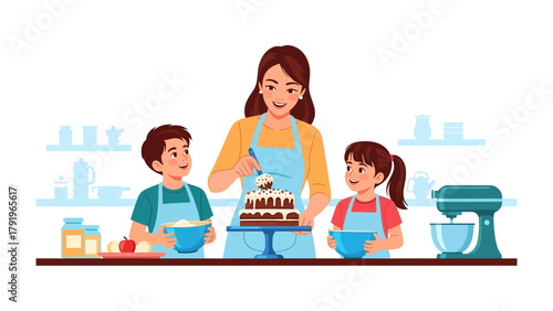 Baking Delight: A heartwarming scene unfolds as a mother and her children collaborate in the kitchen, decorating a cake with sweet precision and shared joy, capturing a moment of family bonding.