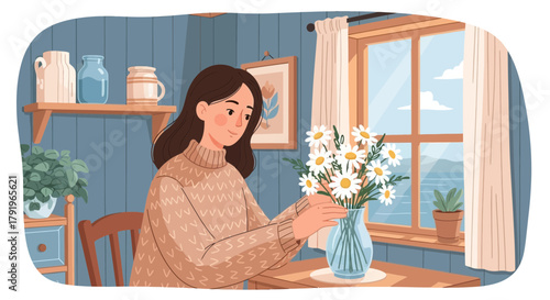 Cozy indoor scene with a woman arranging daisies in a vase near a window