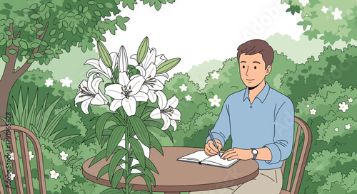 Man in the garden writing in a journal surrounded by white lily flowers