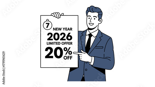 New Year Offer: A suited gentleman showcases a limited-time offer, drawing attention to a seasonal discount for the New Year, creating a sense of urgency.