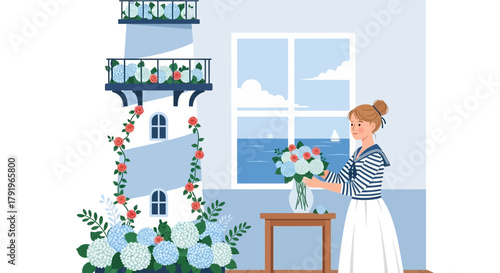 Coastal Living: A serene scene of a woman arranging flowers with a lighthouse backdrop