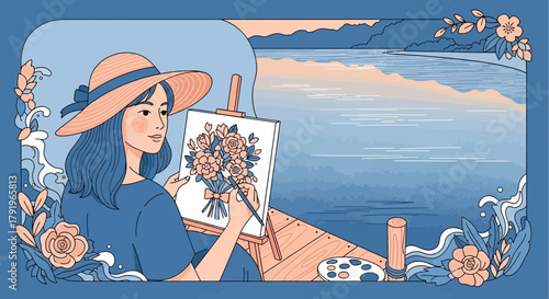 Charming artist on a pier by the sea painting floral masterpiece on canvas