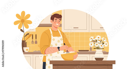 Baking bliss: A cheerful culinary scene with a man preparing food in his sunny kitchen