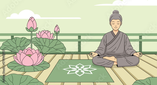 Meditative serenity: Monk practicing mindfulness with lotus blossoms ambience