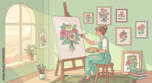 Creative artist sketching floral bouquet on canvas in cozy studio with natural light