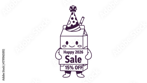 Cheerful milk carton with sale sign: This cute cartoon shows a milk carton wearing a party hat, holding a sale sign. The image captures the essence of a fun promotion.