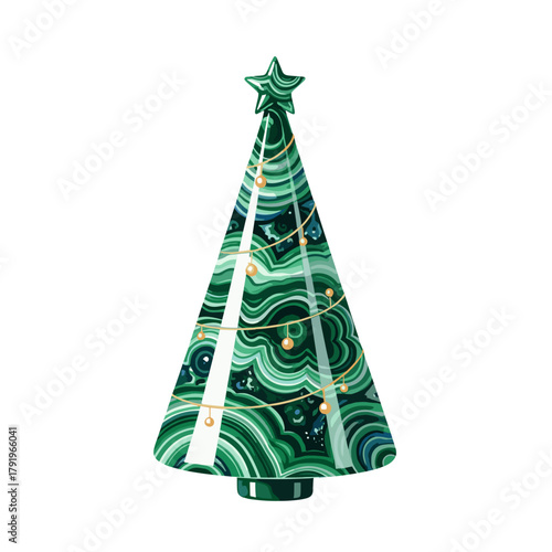 Elegant malachite Christmas tree with golden lights and star topper, a unique festive decoration for holidays and winter season