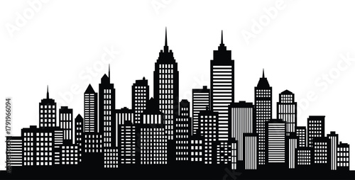 Cityscape silhouette of modern urban buildings and office towers against a white background