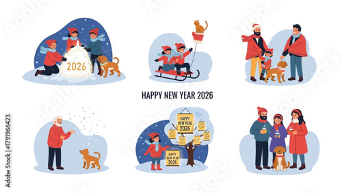 Joyful Moments of New Year 2026: A heartwarming collection of illustrations, capturing the spirit of the upcoming New Year with scenes of families, children, and dogs in snowy landscapes.
