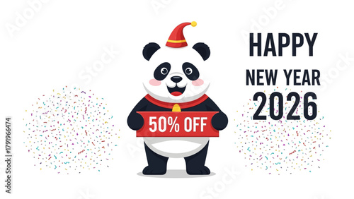 Happy New Year Panda Sale: A festive panda mascot joyfully offers a special promotion, celebrating the New Year with a delightful 50% Off discount, perfect for spreading holiday cheer.