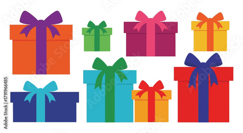 Collection of colorful gift boxes with ribbons and bows for celebrations and holidays