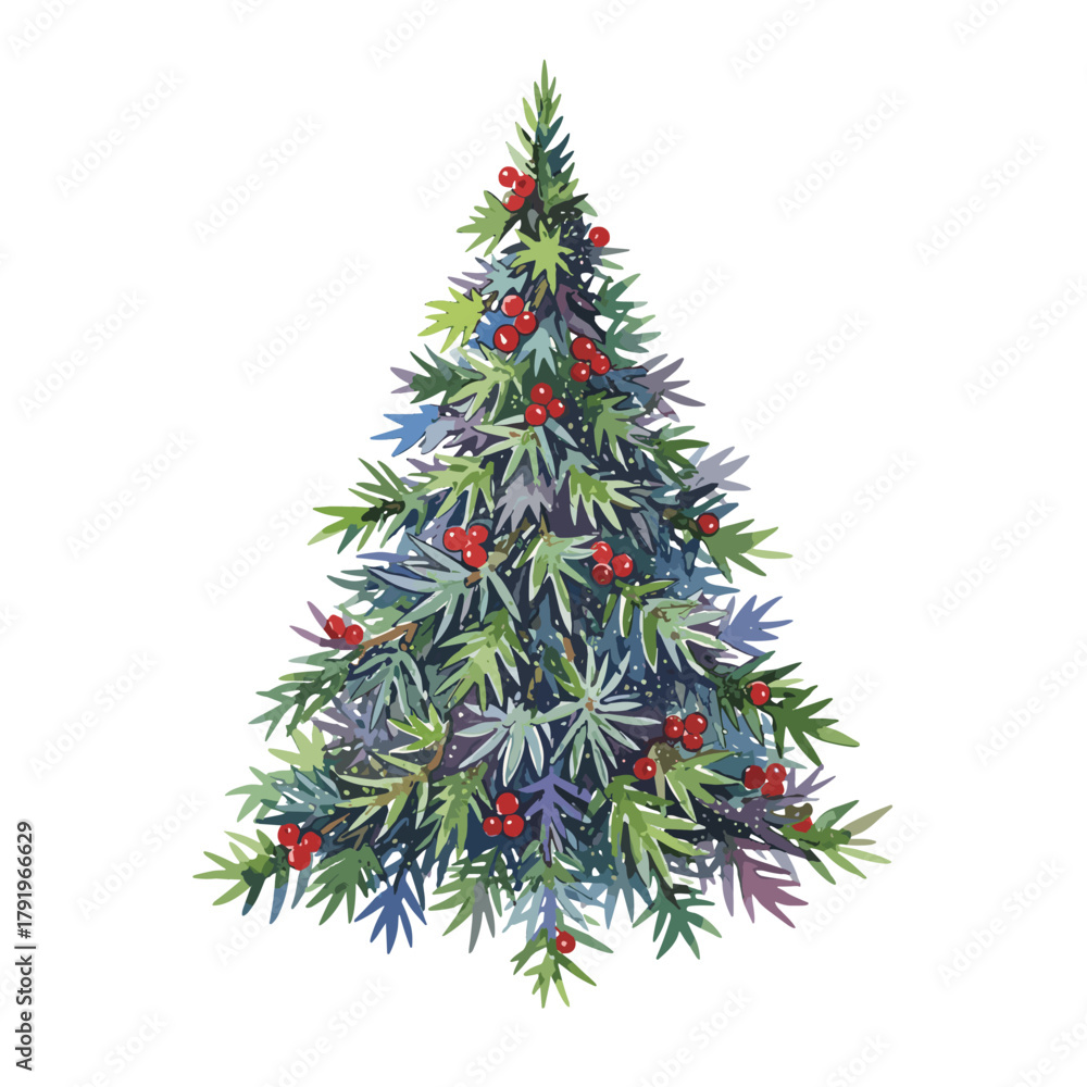 Fototapeta premium Watercolor Christmas Tree Illustration with Red Berries and Snowflakes, Festive Winter Holiday Evergreen Design Element