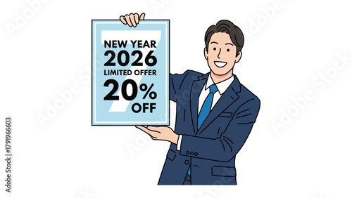 New Year 2026 Discount: A cheerful entrepreneur proudly presents a sign, highlighting a limited-time offer of 20% off for the upcoming New Year in 2026, creating excitement and anticipation.