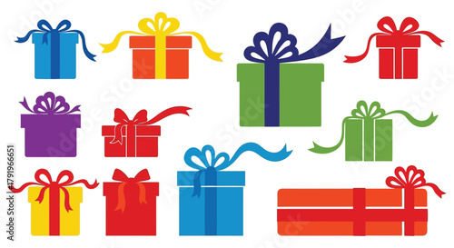 Collection of colorful gift boxes with ribbons and bows for celebrations and holidays