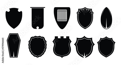 Collection of black shield shapes, various heraldic emblems, and security protection icons