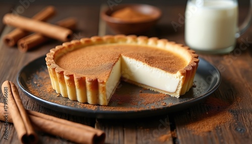 Fototapeta Naklejka Na Ścianę i Meble -  Gourmet milk tart dusted with cinnamon, sliced on a dark plate. Rustic table setting includes milk and cinnamon sticks. Sweet food dessert baking concept. Delicious confectionery. Cozy cuisine.
