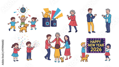 Happy Celebration: A vibrant illustration captures the joy of new beginnings, featuring children, family, a disco ball, and music, all coming together in a festive atmosphere to usher in the new year.