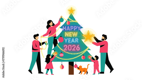 New Year's Festive Spirit: A lively family scene unfolds as they gather around a festively adorned Christmas tree, celebrating the joy and excitement of the upcoming New Year.