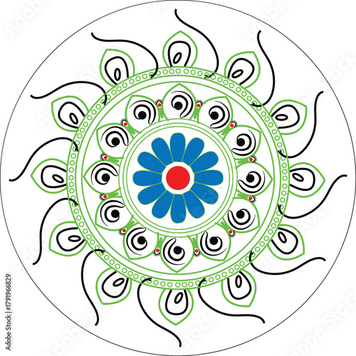 Ornate vector mandala with a central blue bloom and intricate green patterns on a dark background