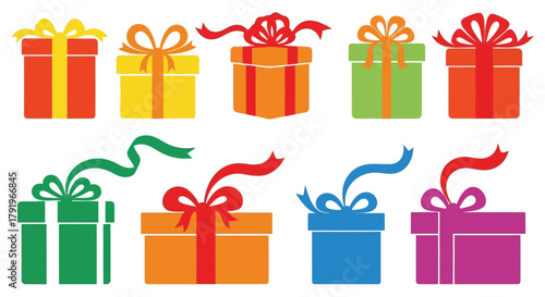 Collection of colorful wrapped gift boxes with ribbons and bows for celebrations and holidays